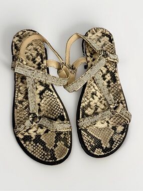Vince Camuto Arabelem Sandals Snake-Print Leather w/ Rhinestone Straps.